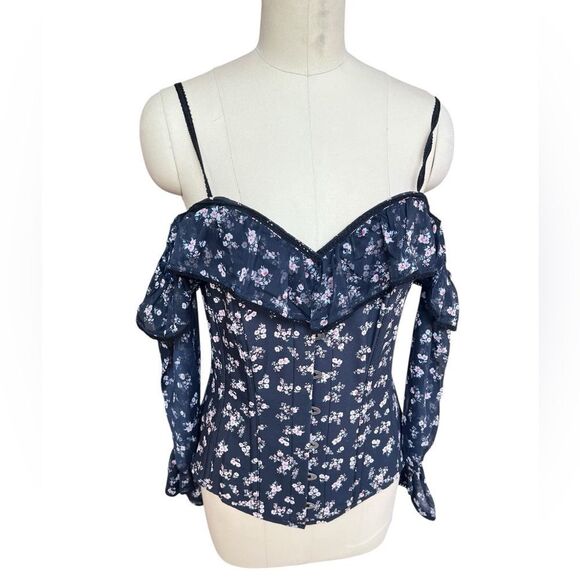 Corset Story LONG SLEEVE DARK DITSY FLORAL CORSET TOP WITH COLD SHOULDER sz 12 - Picture 3 of 10